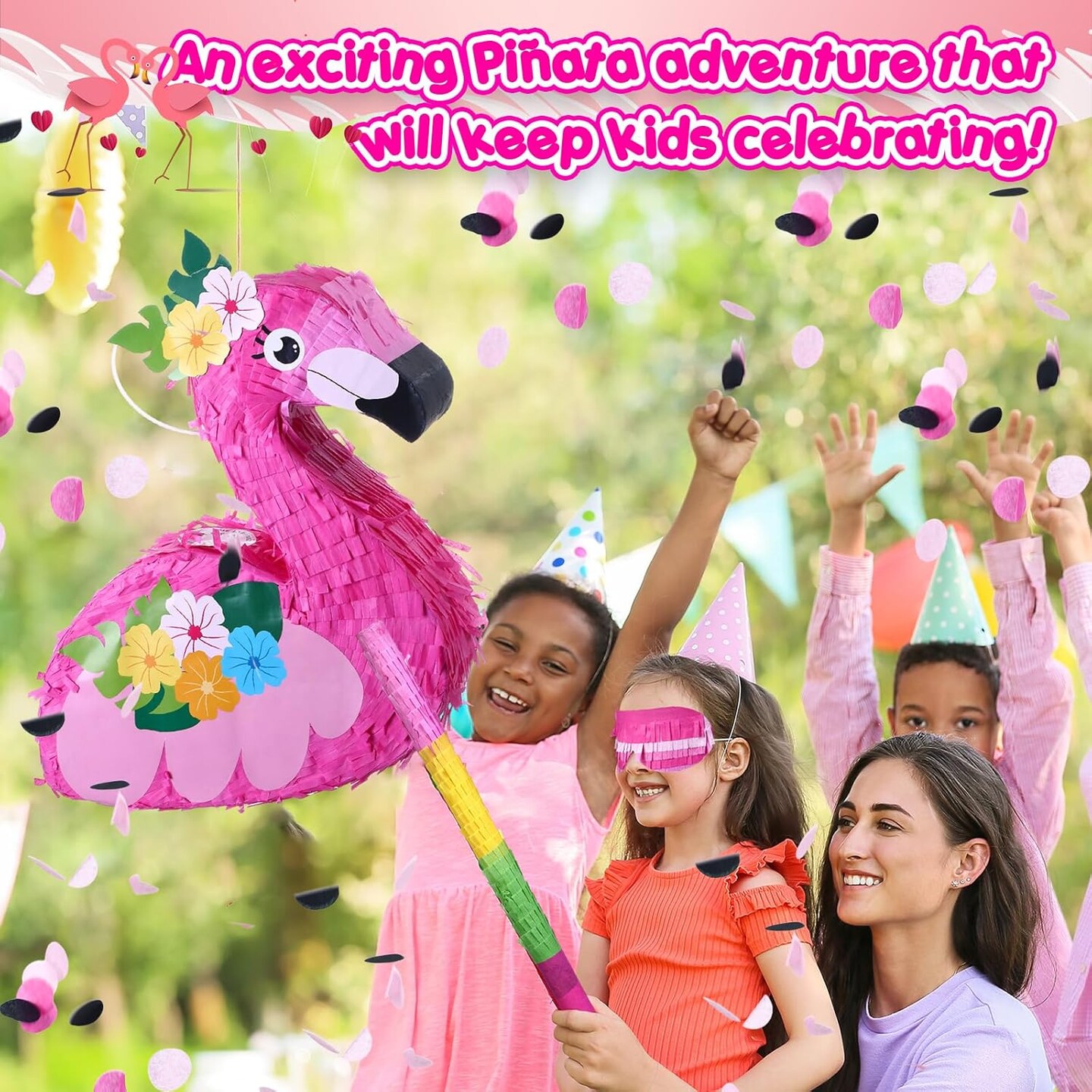 Pink Flamingo Pi&#xF1;atas Hawaiian Flamingo Pi&#xF1;atas with Stick, Blindfold and Confetti, Flamingo Pi&#xF1;atas for Kids Birthday Party Fiestas Decorations Hawaii Summer Theme Anniversary Celebration