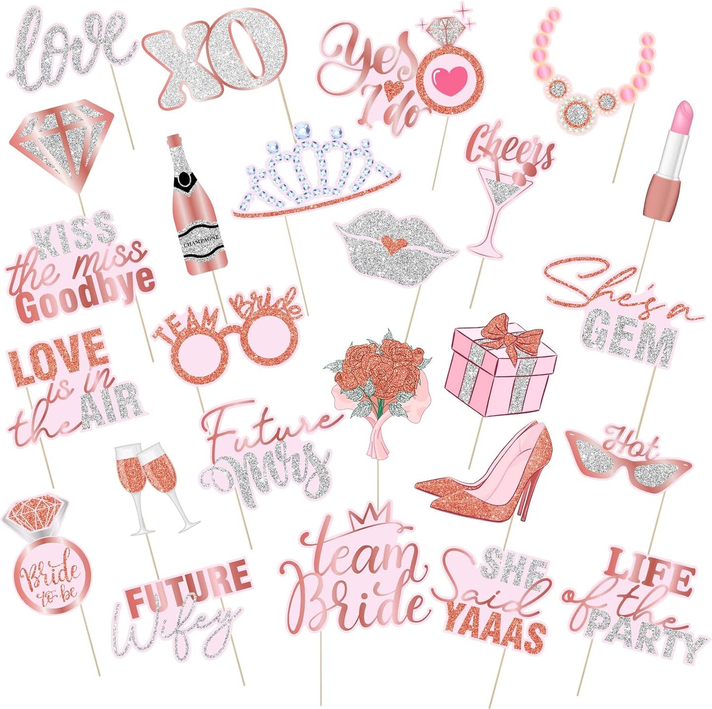 26 Pieces Bridal Shower Wedding Photo Booth Props Bachelorette Photo Props Rose Gold Pink Future Wife Party Decorations for Bridal Shower Out Hen Party Gift Accessories
