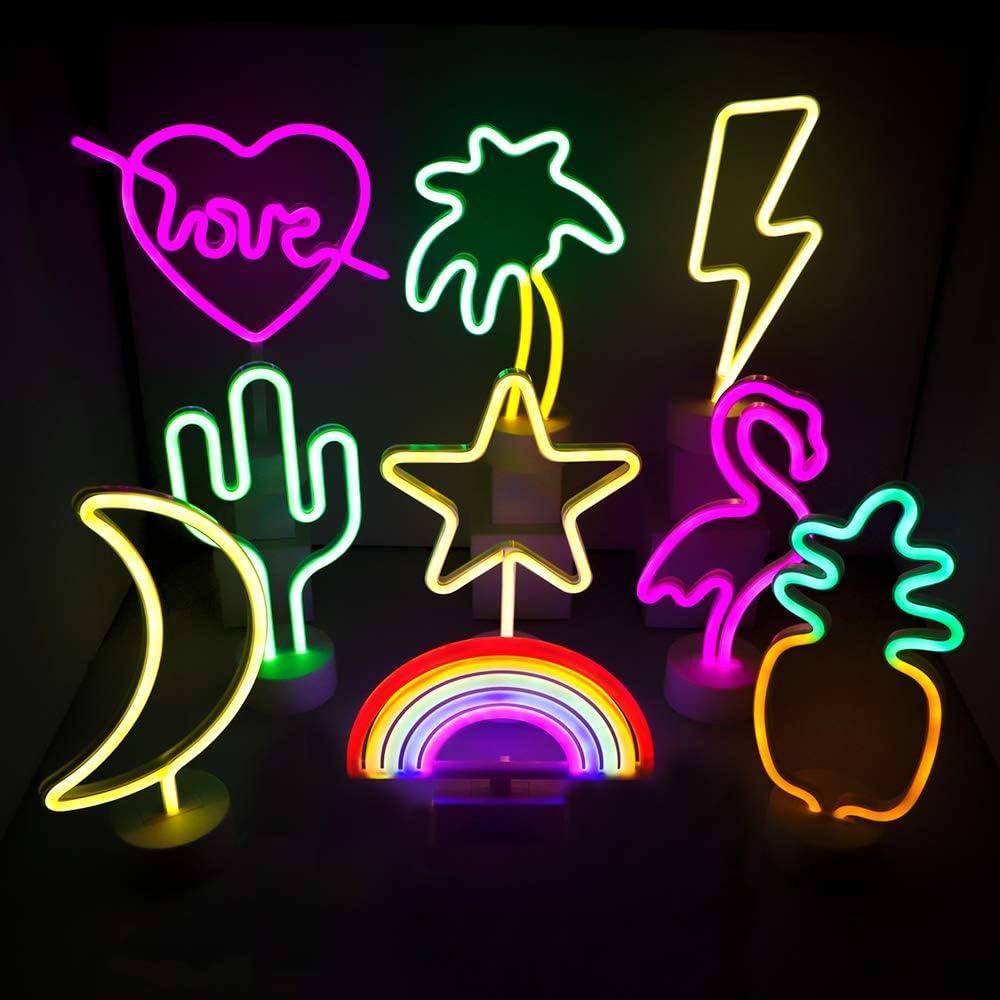 Summer LED Neon Yellow Crescent Moon Tabletop Lamp with White Base, Battery Powered Night Light for Nightstand, Bedroom Décor, Party, and Celebrations