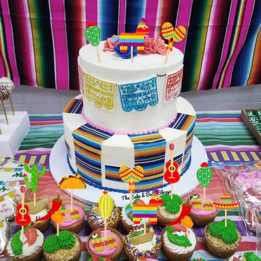 36 Pcs Fiesta Cupcake Topper Mexican Theme Cake Decoration for Mexican Themed Cactus Donkey Taco Pepper Sombrero Mustache Party Decorations
