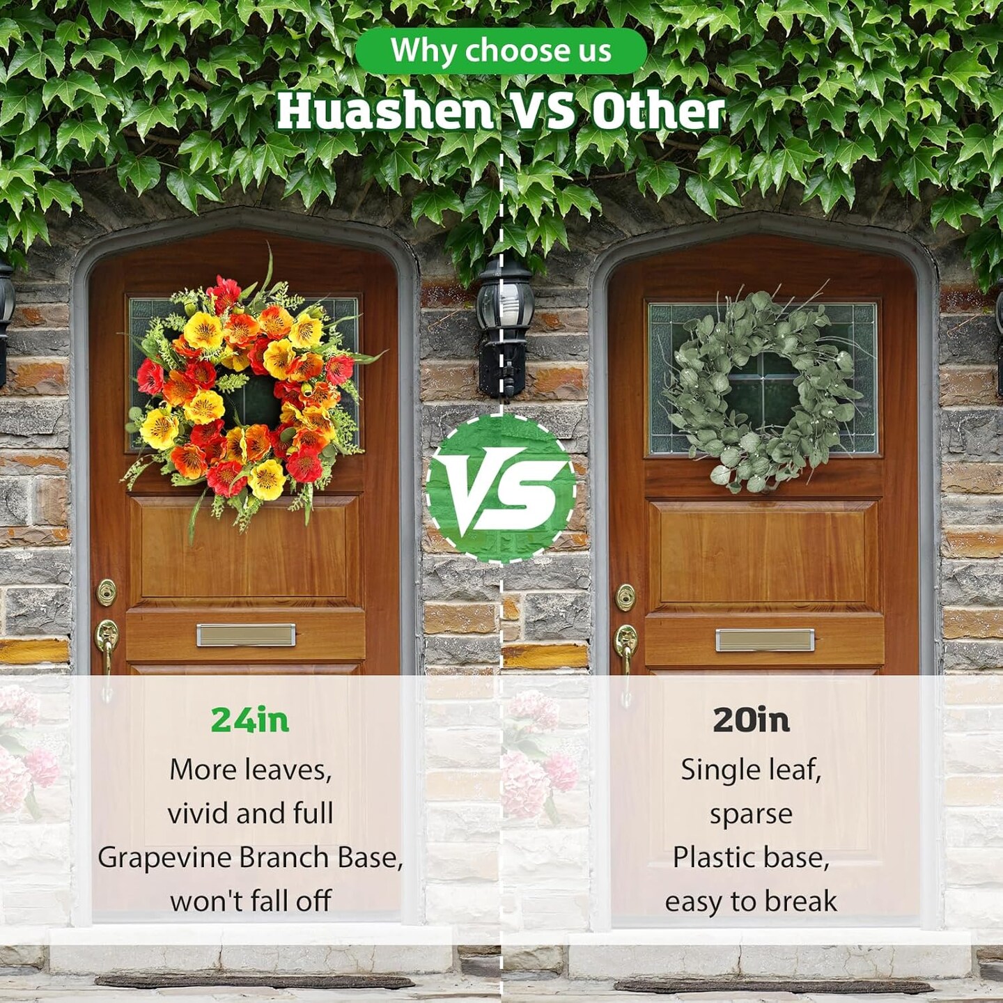 24" Summer Wreath for Front Door with Poppy Flowers & Green Leaves – Bright Floral Wreath for Porch, Outdoor Wall, or Home Decor