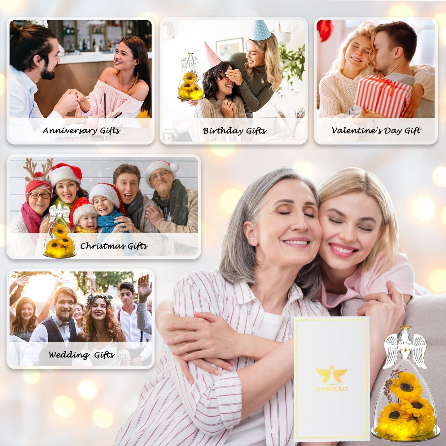 Mothers Day Rose Gifts for Mom,Sunflower Gifts for Her,Angels Figurines with 3 Sunflowers &#x26; Lighted with Necklace,Sunflower Birthday Gifts for Women Mom Wife Girlfriend