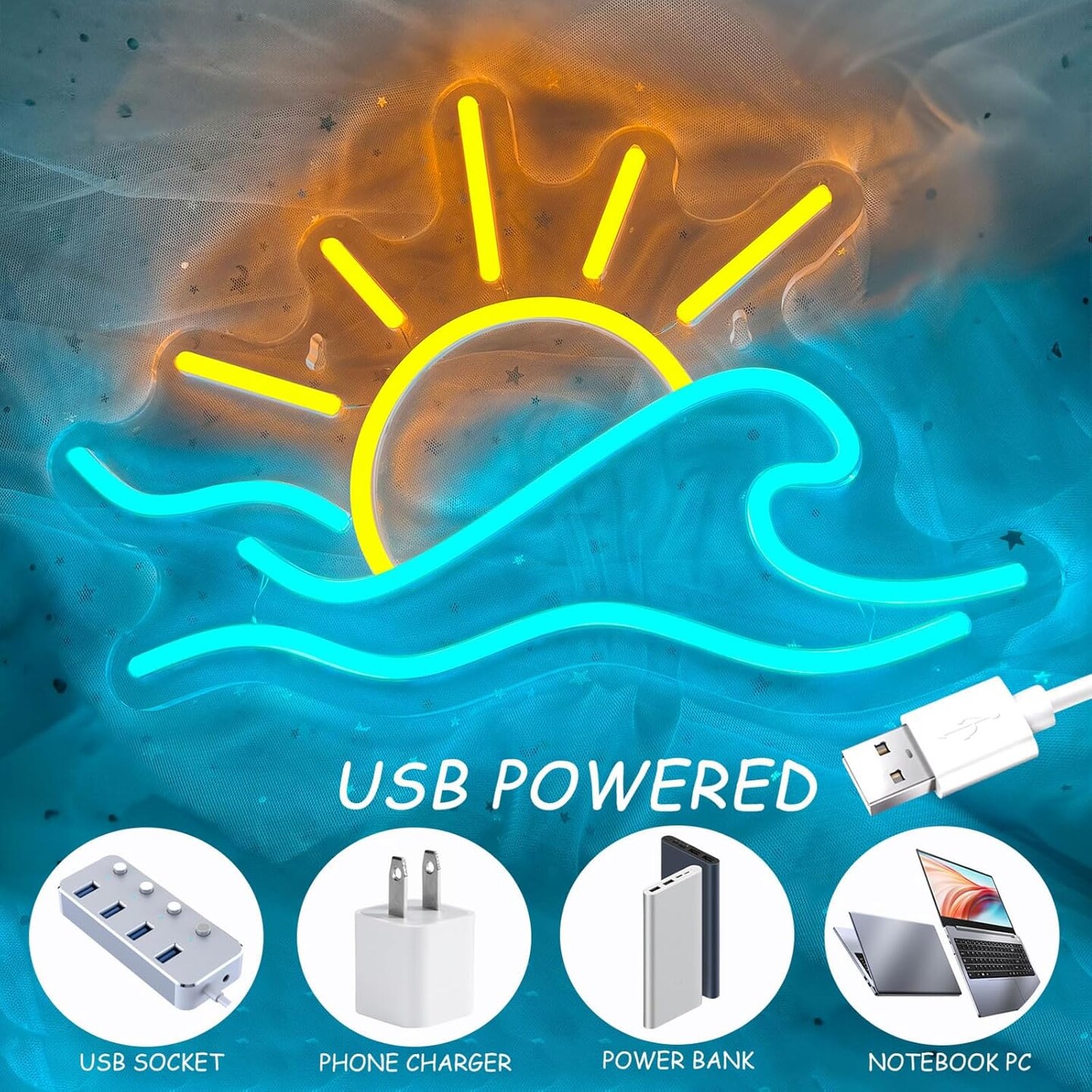 Summer Sunrise Sunset Neon Sign, Dimmable Sun Sea Wave LED Neon Light for Wall Decor, USB Powered Ocean Surf Neon Signs, Acrylic Sun Sign for Bedroom Living Room Bar Cafe Game Room Birthday Party