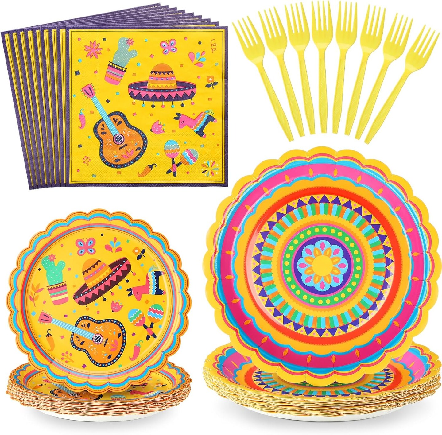 100 Pcs Mexican Themed Fiesta Party Plates Mexican Disposable Tableware for Cinco De Mayo Birthday Party Supply Including Plate Napkin Forks Taco Carnival Baby Shower Decoration for 25 Guests
