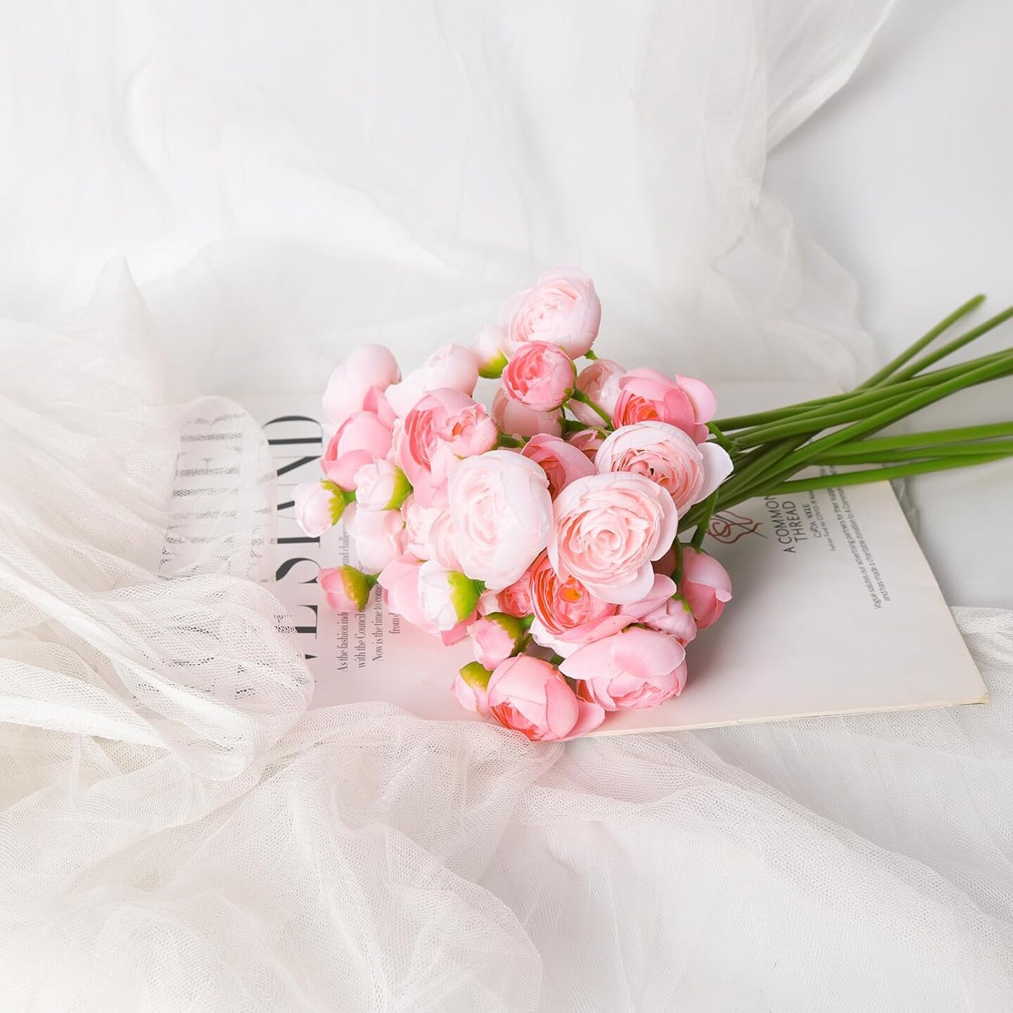 12 Bundles Summer Floral Arrangement &#x2013; Silk Ranunculus Flowers, Fake Baby Breath and Eucalyptus for Wedding, Home, Office Decor (Mixed Pink)