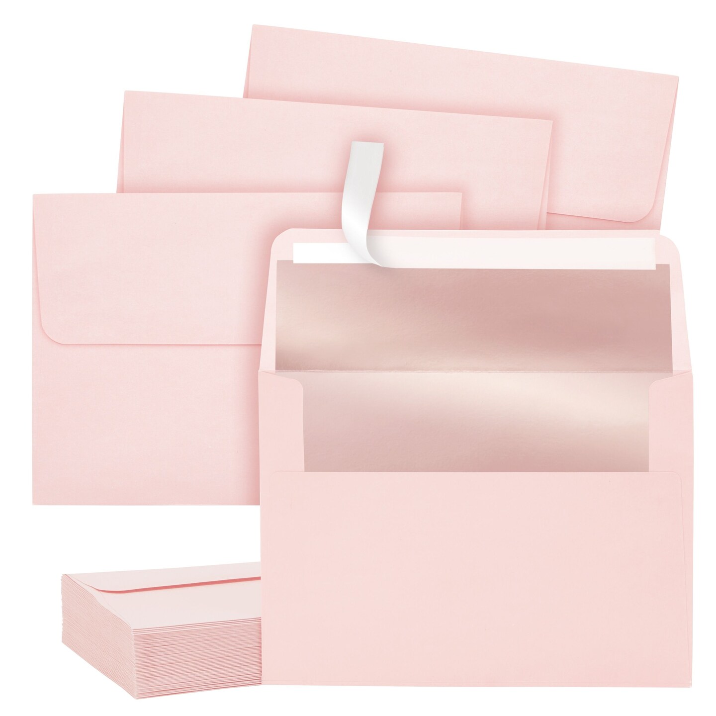 50 Pack Pink A7 Envelopes, 5x7 Size for Mailing Wedding Invitations, Announcements, Bridal Shower, Greeting Cards, Thank You Notes, Rose Gold Foil Lining, Peel &#x26; Stick Seal