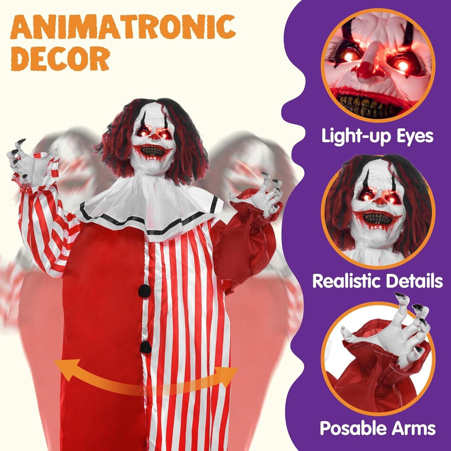 68" Halloween Animatronics Clearance, Scary Halloween Clown Decorations with LED Eyes and Creepy Sound, Life Size Animated Halloween Decorations Outdoor for Haunted House Decor Lawn Yard Patio