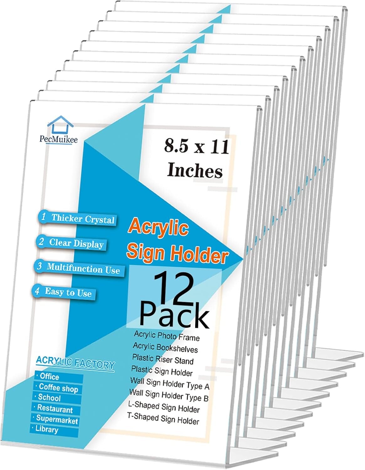 Acrylic Sign Holder 8.5X11, Desktop Slant Back Acrylic Sign Holder and Plastic L Shape Paper Display Stand for Restaurants, Office, Market, Library, Store, 12 Pcs