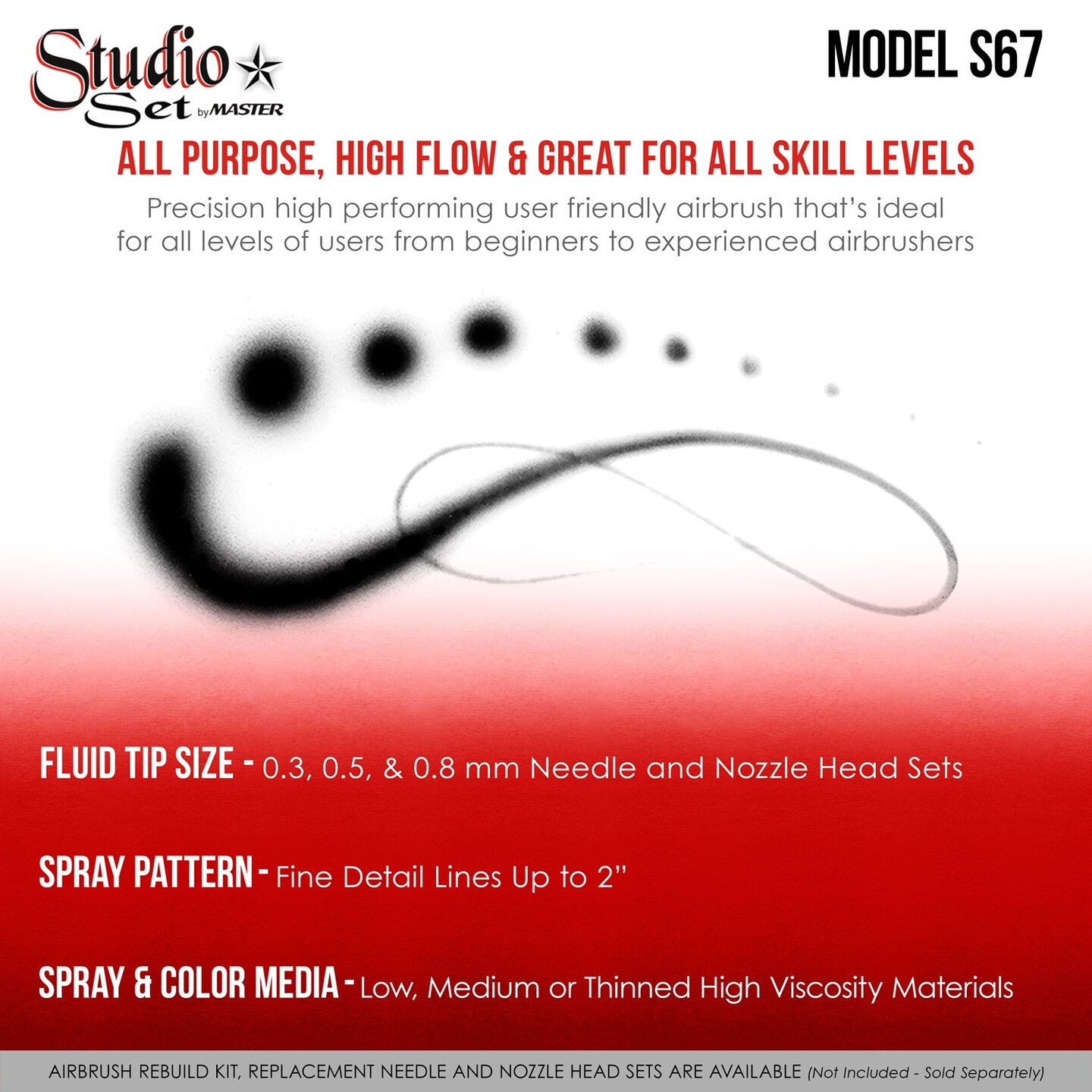 8 Master Hi-Flow S62 Dual-Action Siphon Feed Airbrushes with 0.5 mm Tips, 3/4 oz. Bottles, Cutaway Handles & Storage Case