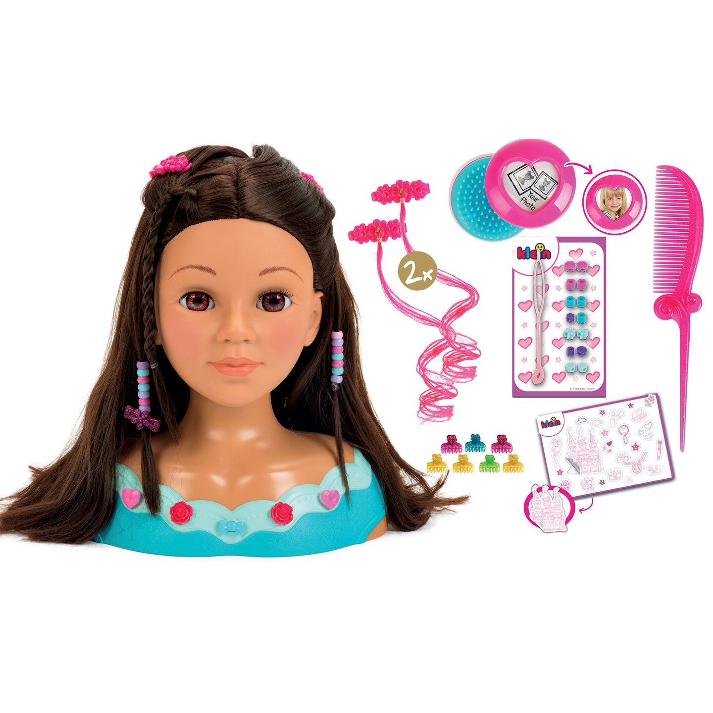 Klein Hairstyling Head Mia Pink Teal 10.6 Doll Head 13pc Hair Styling Accessories Brown Hair Future Stylists Pretend Play Toy Kids Ages 3