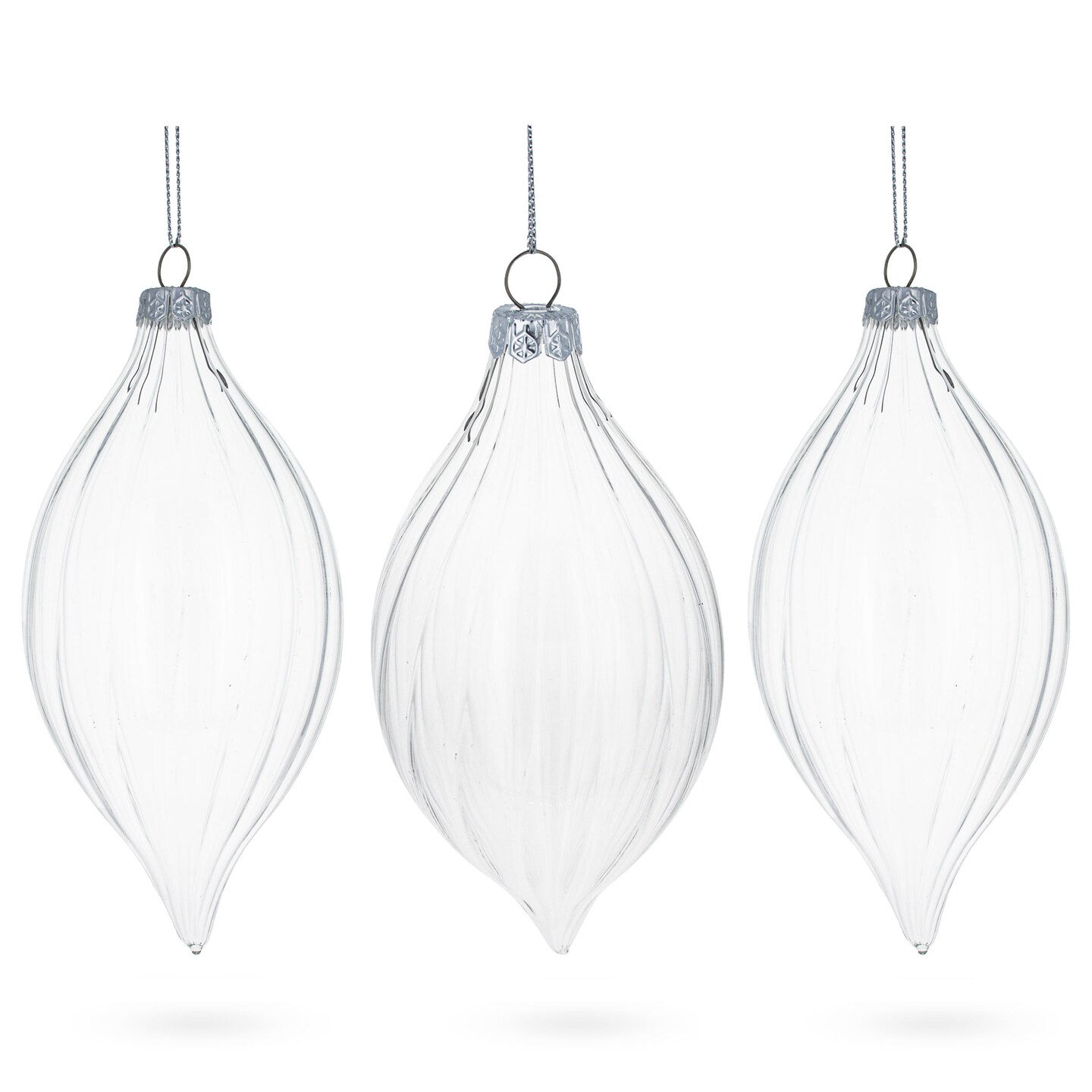 Set of 3 Striped Rhombus Finial Clear Glass Ornament 5.8 Inches