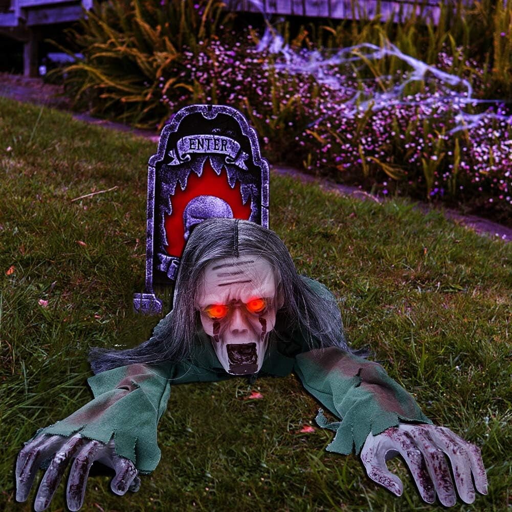Halloween Scary Yard Decorations, Electric Crawling Ghost Long Hair Horror Voice Skeleton, Creeping Bloody Prop for Theme Park, Bar Haunted House Props Horror Layout Party Decor