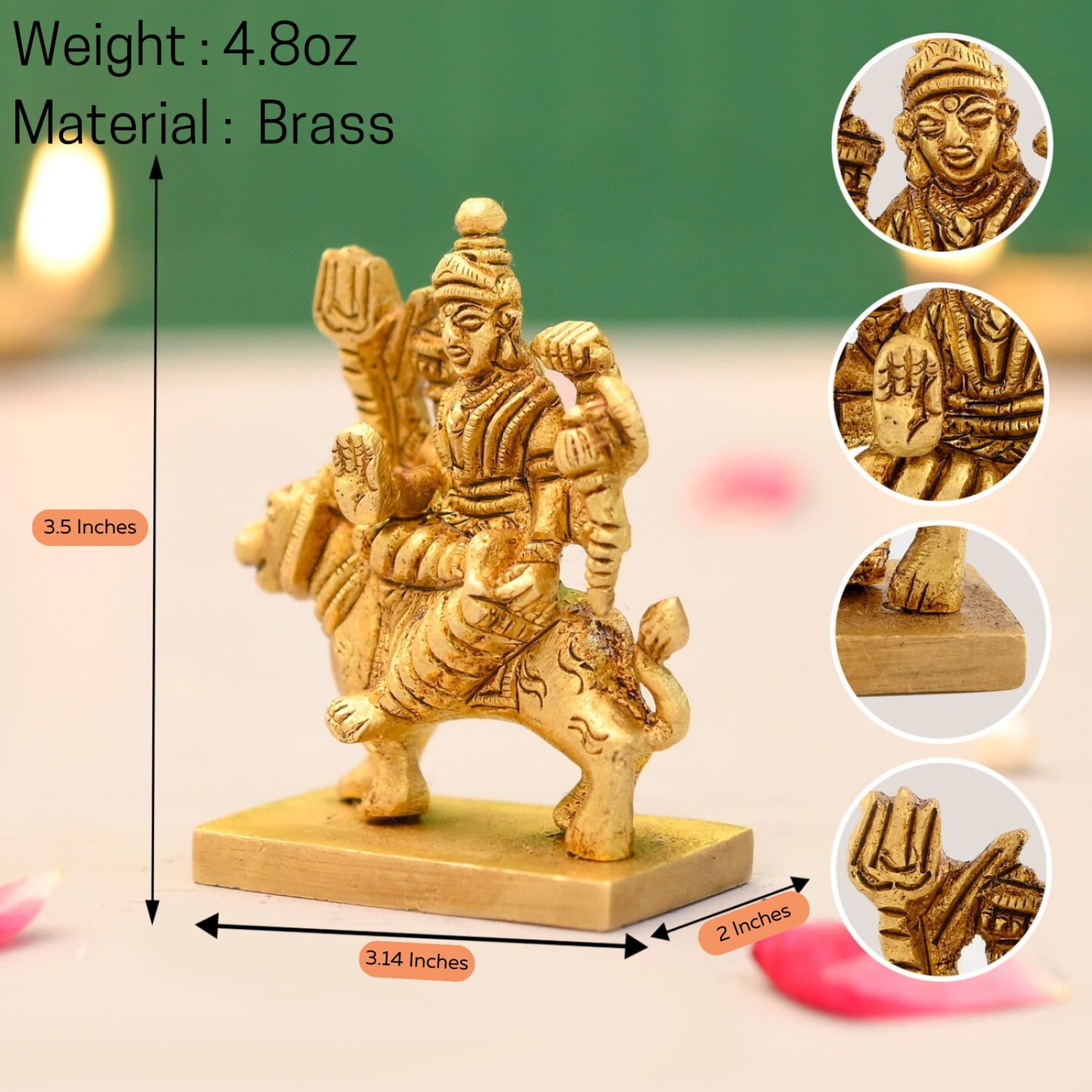 Brass Durga Idol Statue Religious Figurine Goddess Maa Durga Mata Rani Murti for Navratri Pooja Room Home Temple Mandir Decor - Housewarming Gift (3.5 Inches)