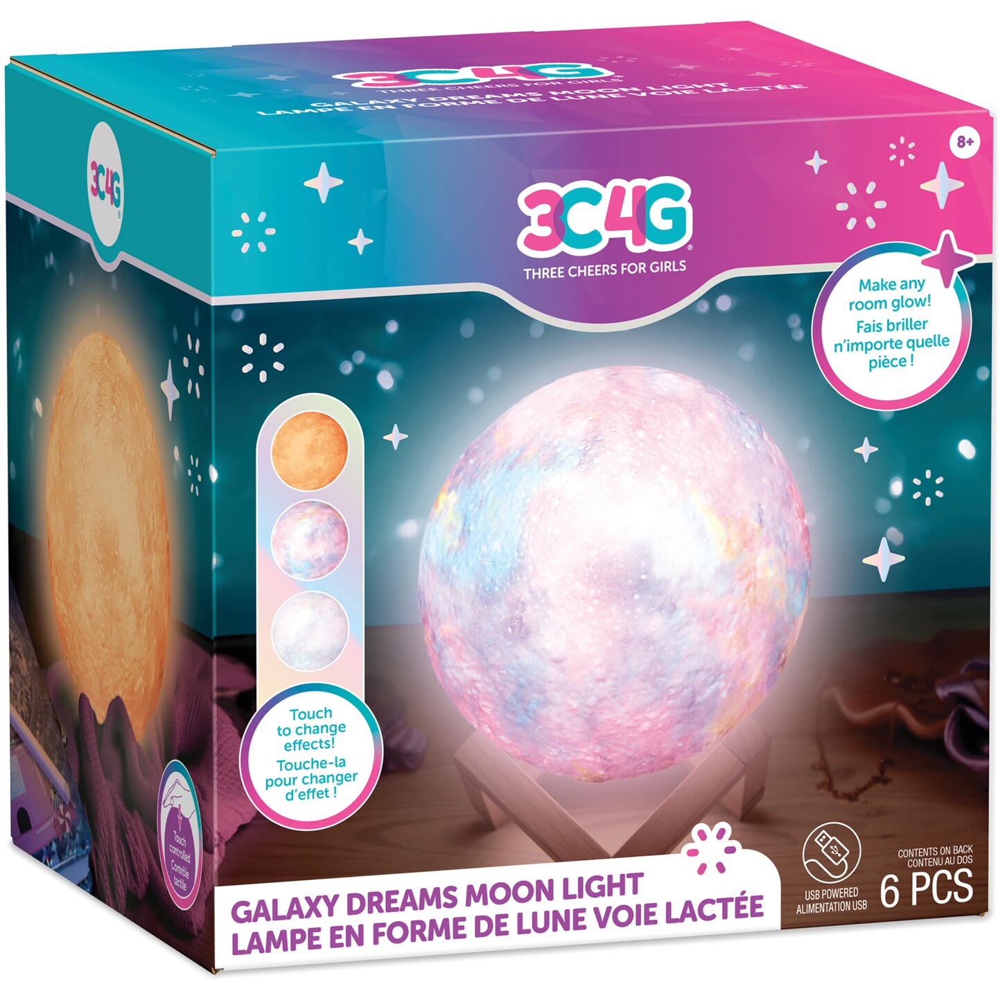 3C4G: Galaxy Dreams Moon Light - 6pcs, Touch To Change Effects, USB Powered, Make Any Room Glow, Three Cheers For Girls, Kids Ages 6+