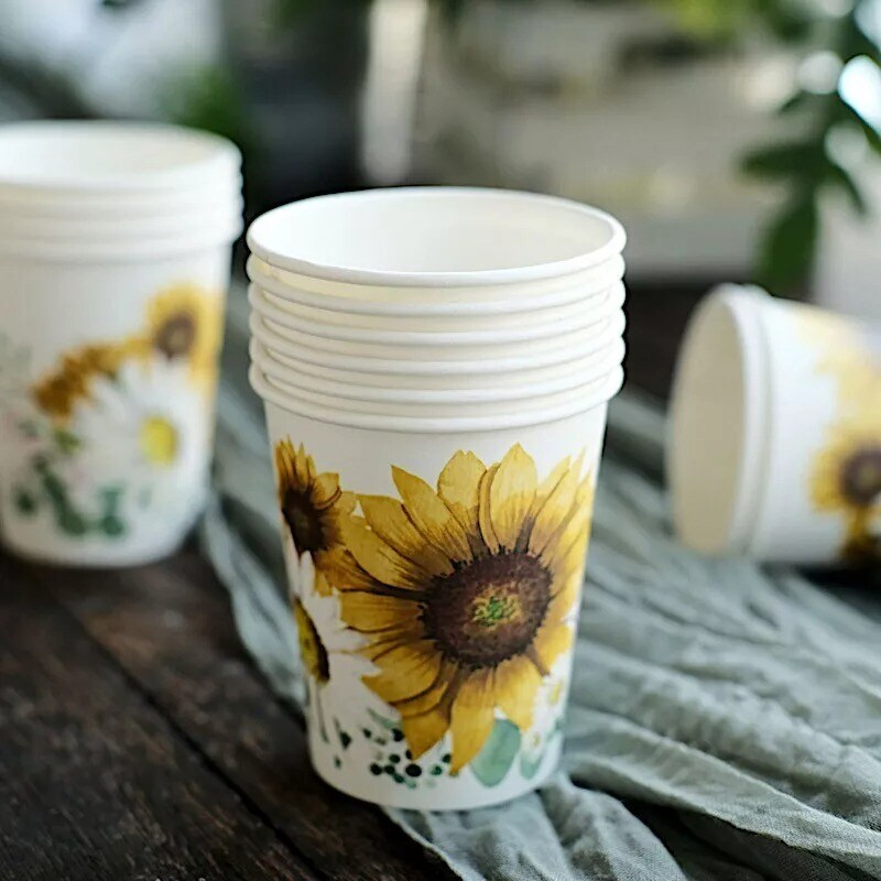 24 White 9 oz Yellow Sunflower Design All Purpose Paper Cups Party Tableware