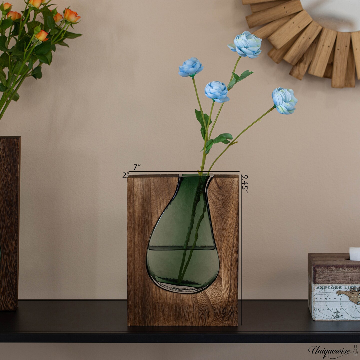 Pair of 10 and 12-Inch Wood and Glass Inlay Vases - Merging the Natural Warmth and Texture of Wood with the Elegance and Color of Glass, Perfect for Enhancing Home Decor, Office Desk and Kitchen Table