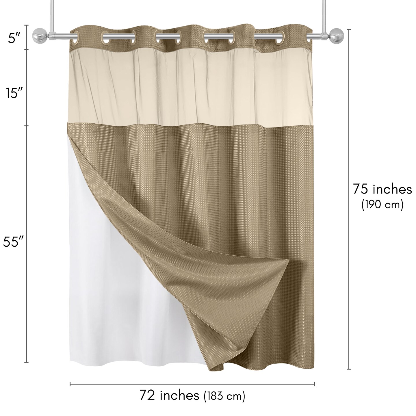 Americanflat 72x75 Hookless Waffle Pattern Shower Curtain - Water-Resistant Long Shower Curtain with Sheer Panel, Snap-In Liner, and Grommets