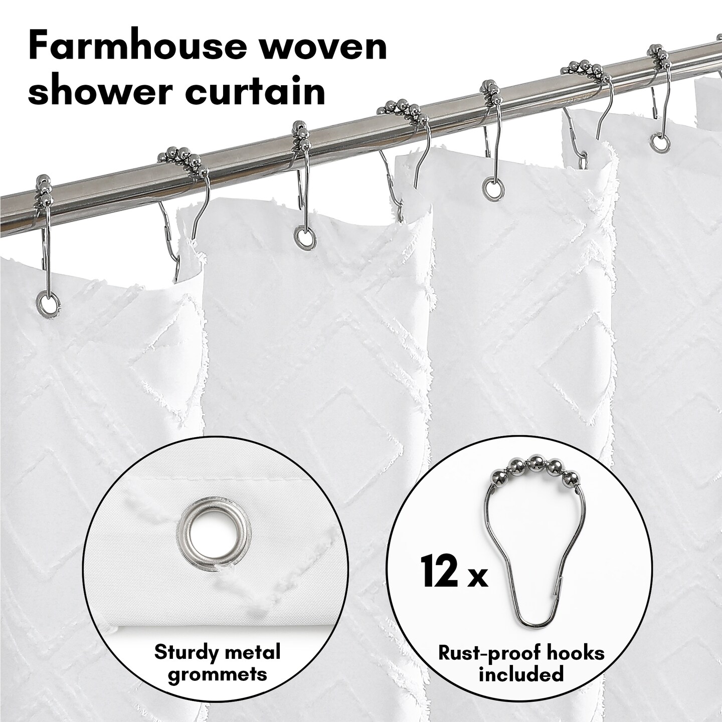 Americanflat 71x71 White Woven Shower Curtain with Tassel And Accents - Includes 12 Grommets and Hooks - 100% Polyester