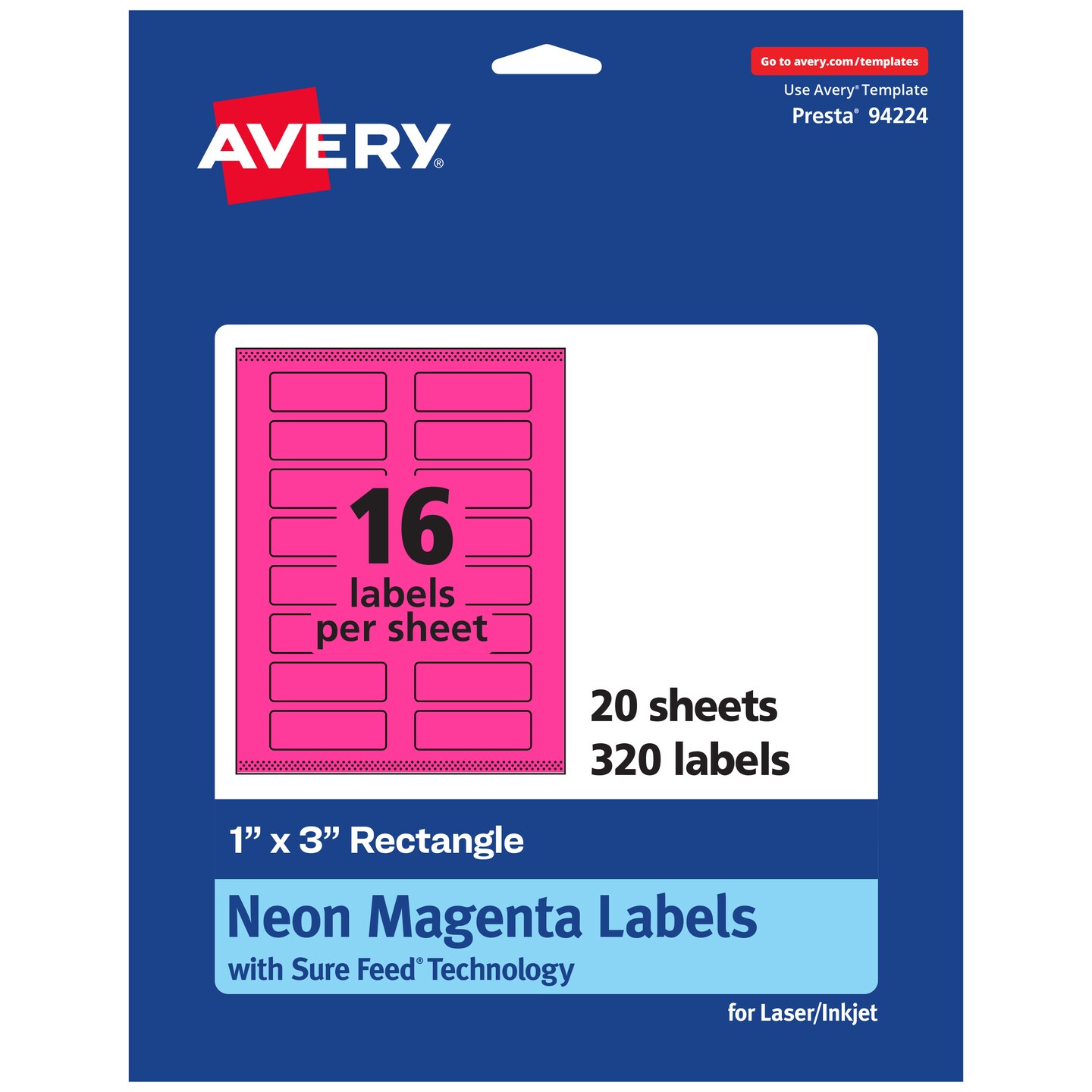 Avery Neon Magenta Paper Labels, 1&#x22; x 3&#x22; Rectangle