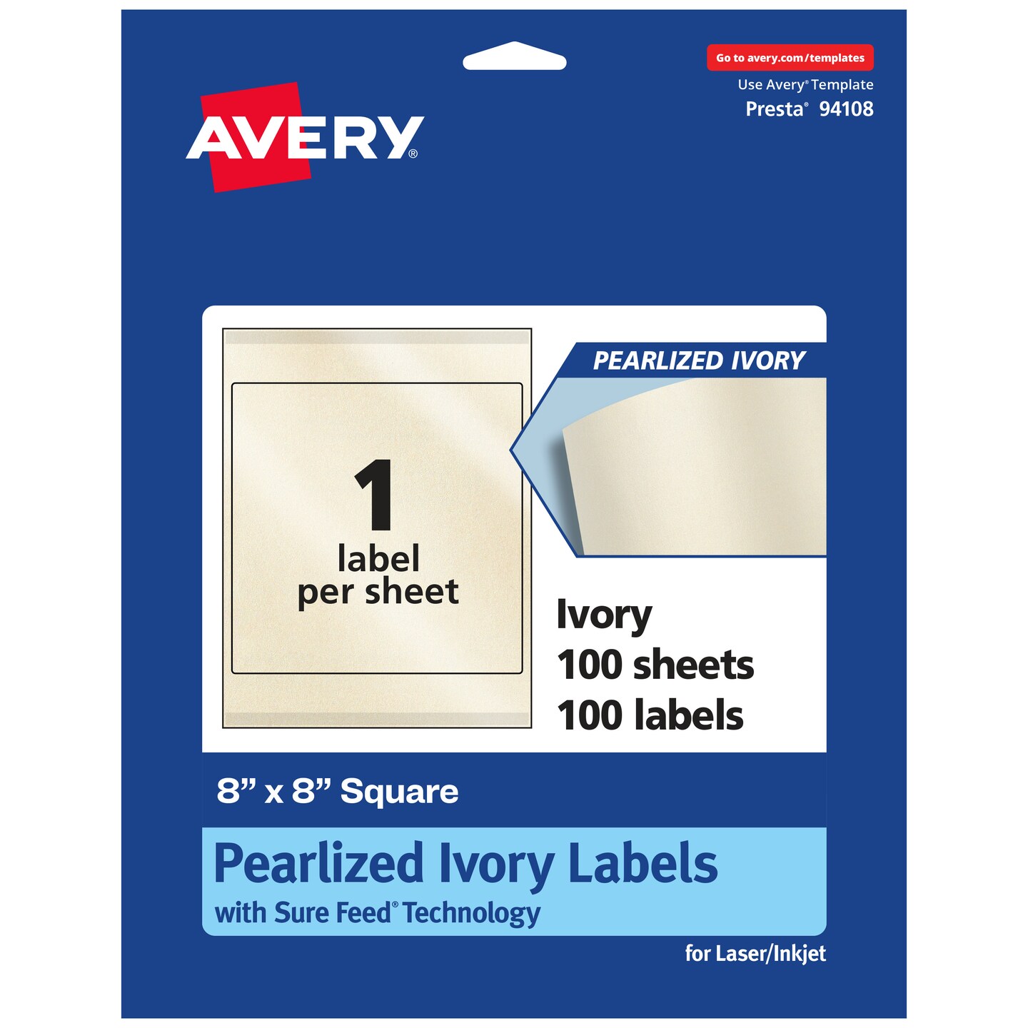 Avery Pearlized Ivory Square Labels with Sure Feed Technology, 8&#x22; x 8&#x22;