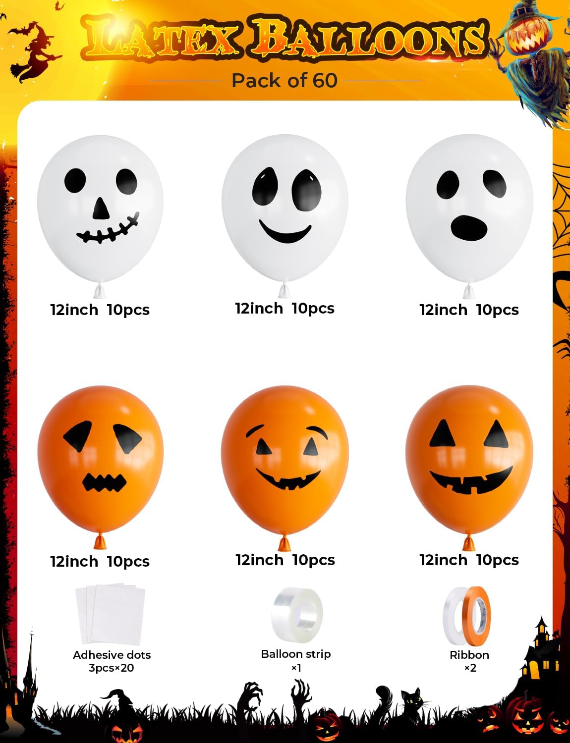 60Pcs Halloween Ghost Latex Balloons - 6 Styles (Orange White)