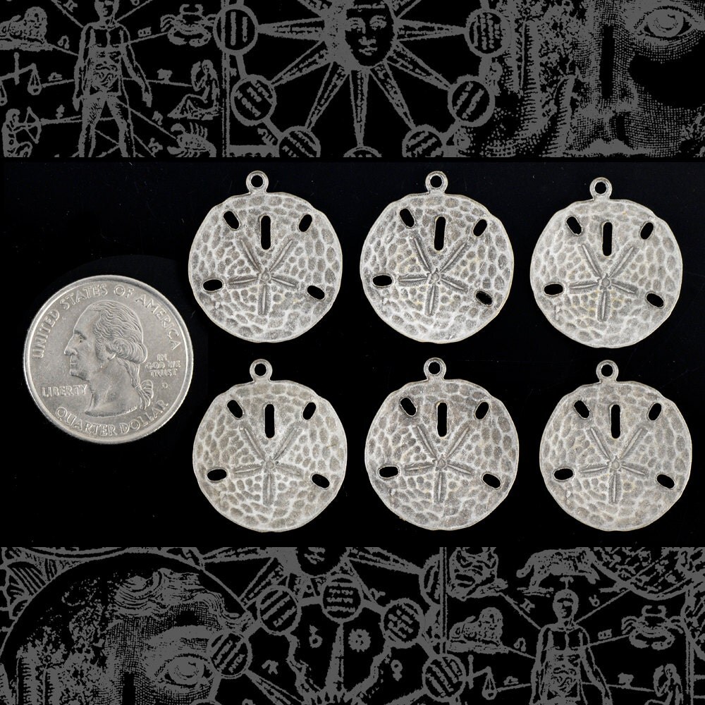 Antiqued Silver Plated Brass Larger Sand Dollar Charms - Set of Six - S-C118