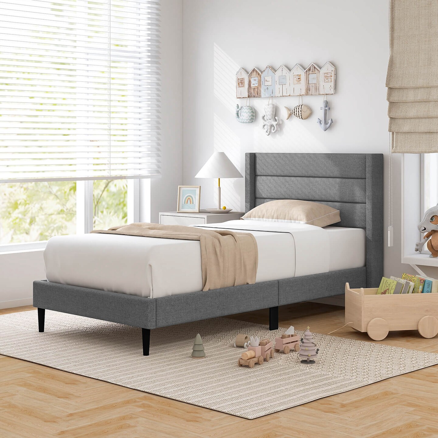 Costway Queen/Twin Bed Frame with Wingback Headboard Linen Upholstered Platform Bed Grey