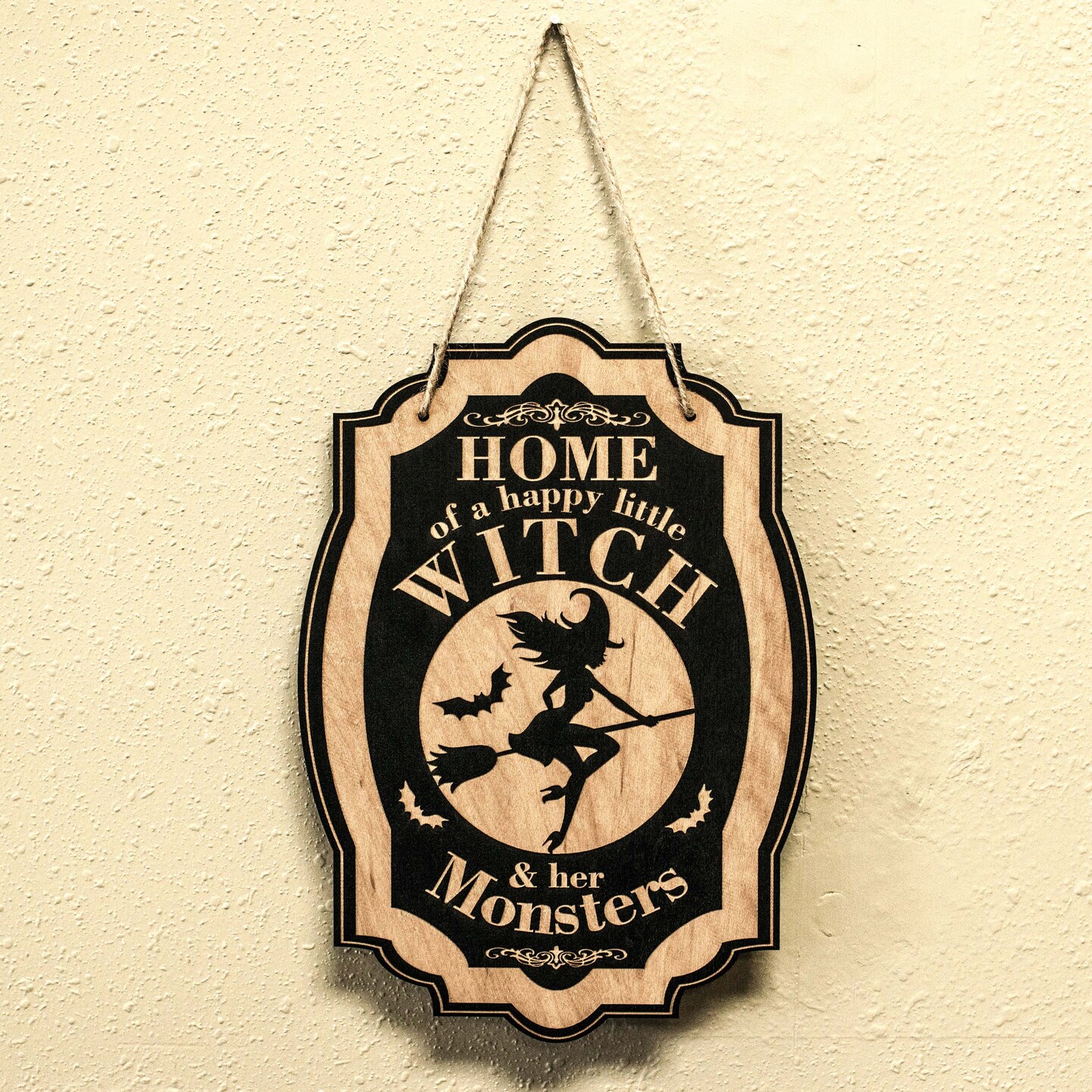 Home of a Happy Little Witch - Black Halloween Door Sign 7x9