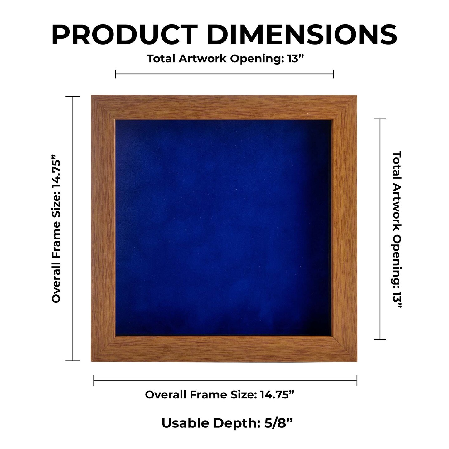 Warm Honey Brown Wood Shadow Box Frame with Acrylic Front - Royal Blue Suede Backing, 30 Sizes