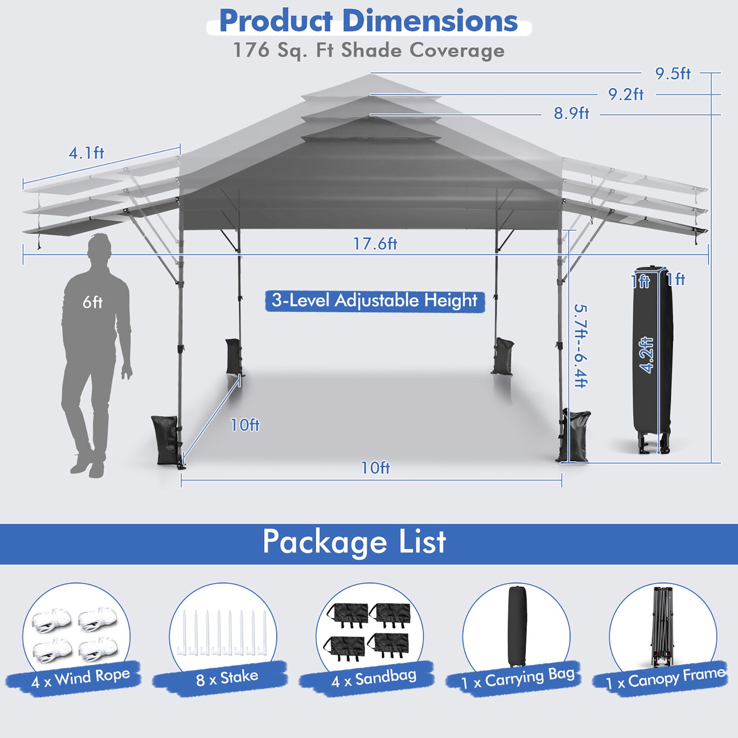 Costway 10'x17.6'Outdoor Instant Pop-up Canopy Tent Dual Half Awnings Adjust Patio Blue/White/Gray/Black/Pink