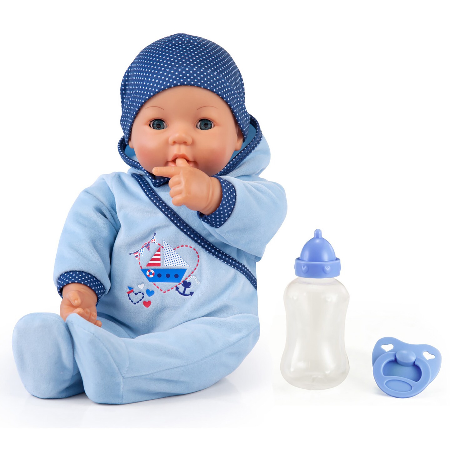 Bayer: Hello Baby Boy Doll - 18" Blue Boat Design - Pacifier, Bottle, Matching Cap, Moves Mouth, Baby Sounds, Pretend Play