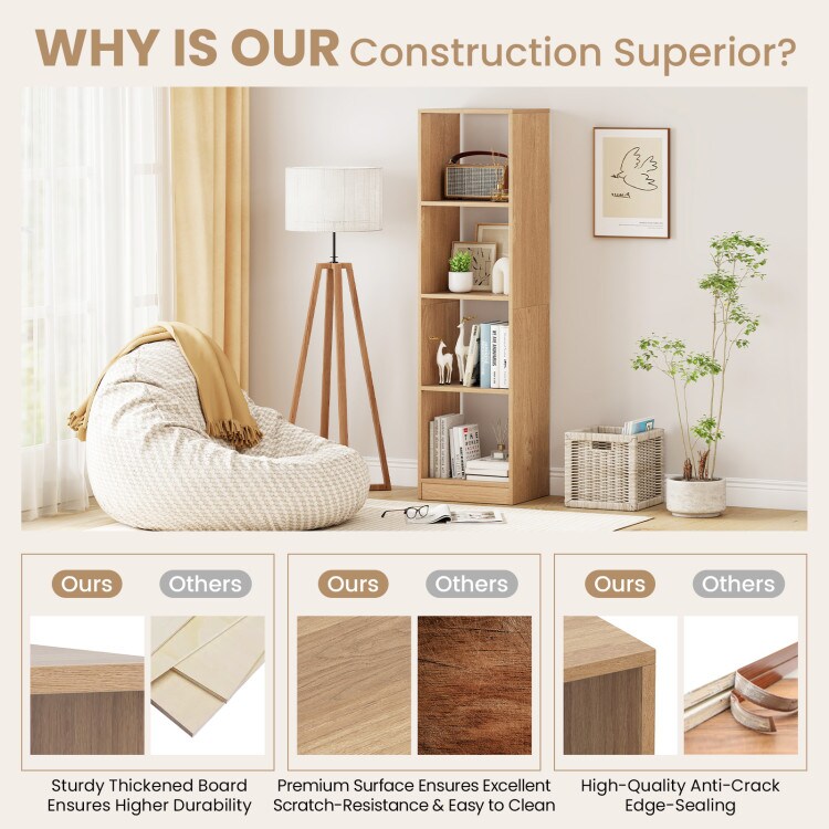 Natural 5-Tier Narrow Bookshelf with 4 Cubes and Anti-Tipping Kits