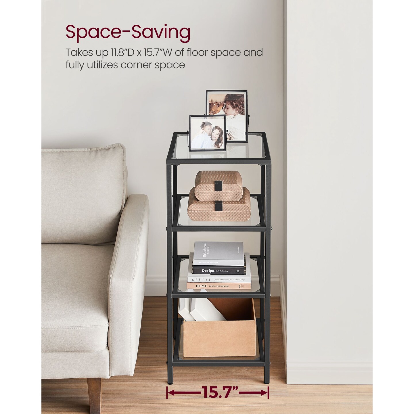 Narrow Glass Bookshelf Storage Rack Steel Frame Tempered Glass Display Shelf Black