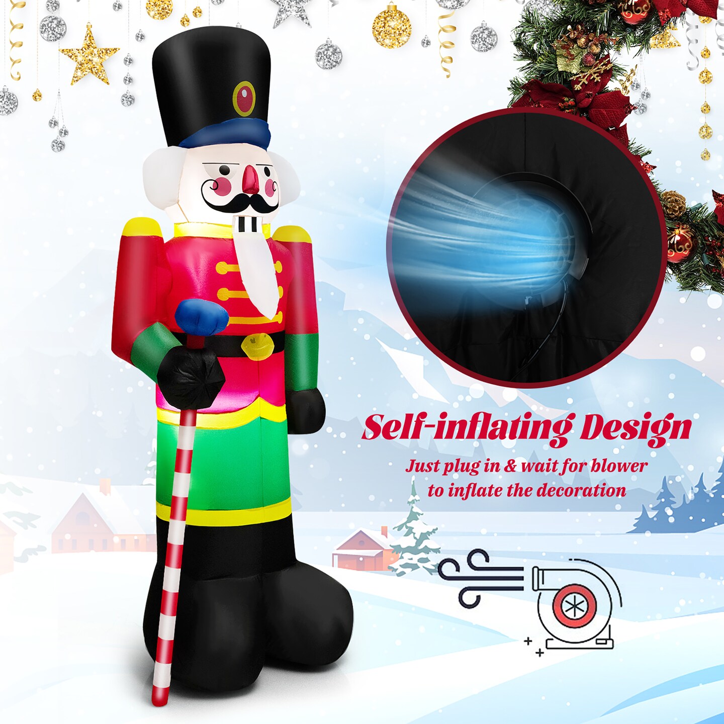 Costway 8FT Inflatable Nutcracker Soldier w/ 2 Built-in LED Lights, Sandbags &#x26; Air Blower