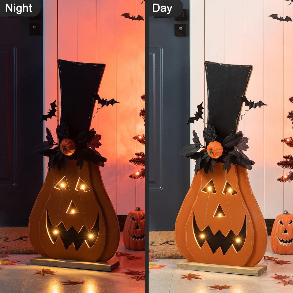 29.5 inch Halloween Lighted Wooden Jack O Lantern Porch Decor with Floral and Timer