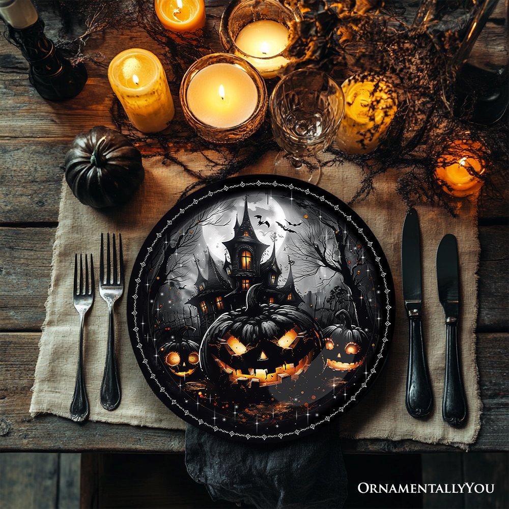 Haunted Night Set of 4 Plates, Black Halloween Tableware Collection for Salad, Dessert, Appetizer, and Side Plates