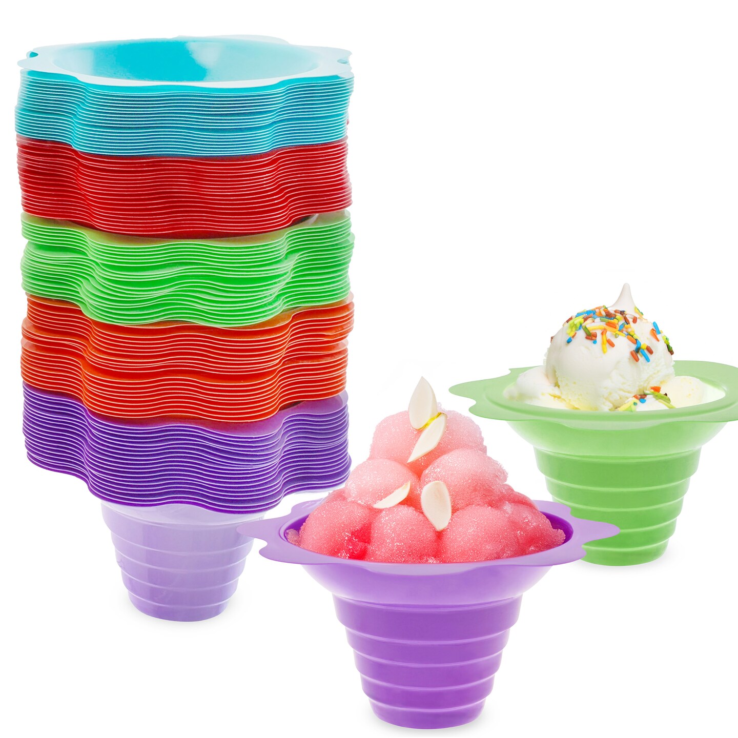 Lot45 Snow Cone Bowls - Reusable Colorful Plastic 100pc Shaved Ice Flower Cups