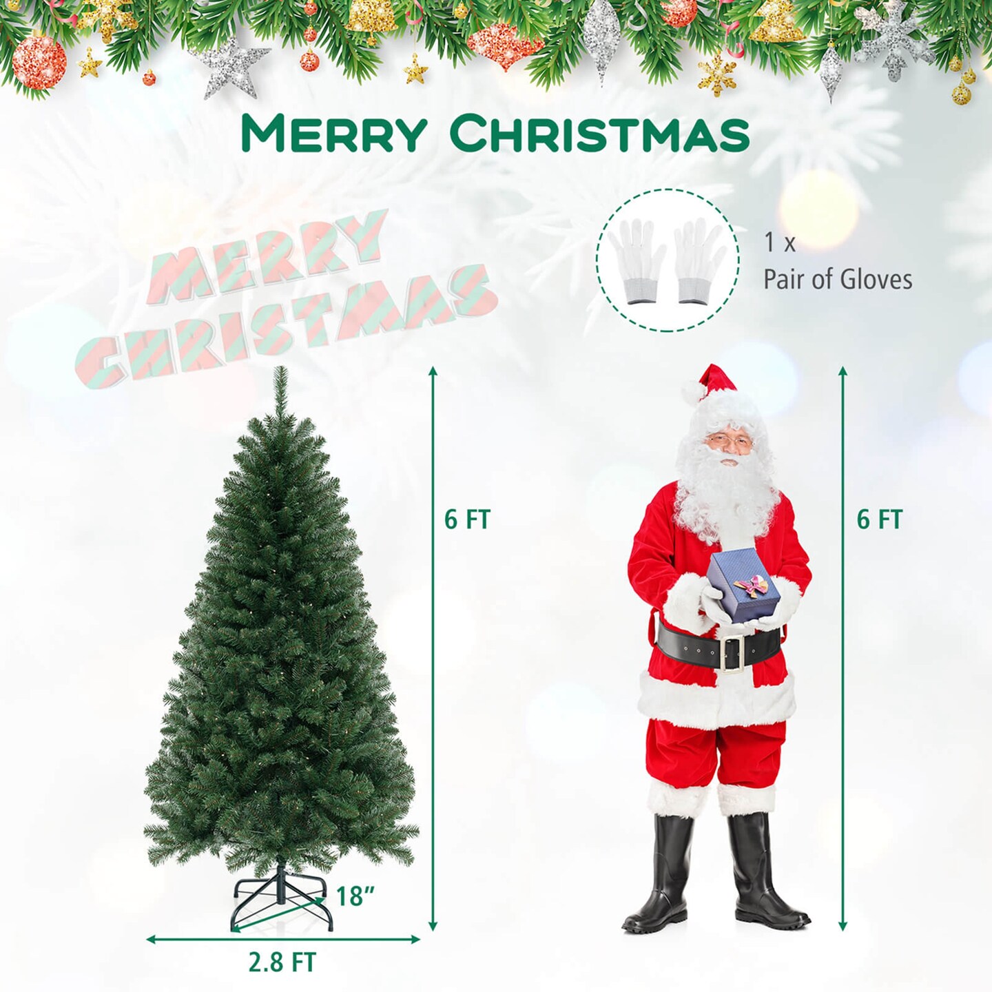Costway 6/7/8 FT Christmas Tree with 568 PVC Branch Tips 200 Warm White LED Lights Gloves