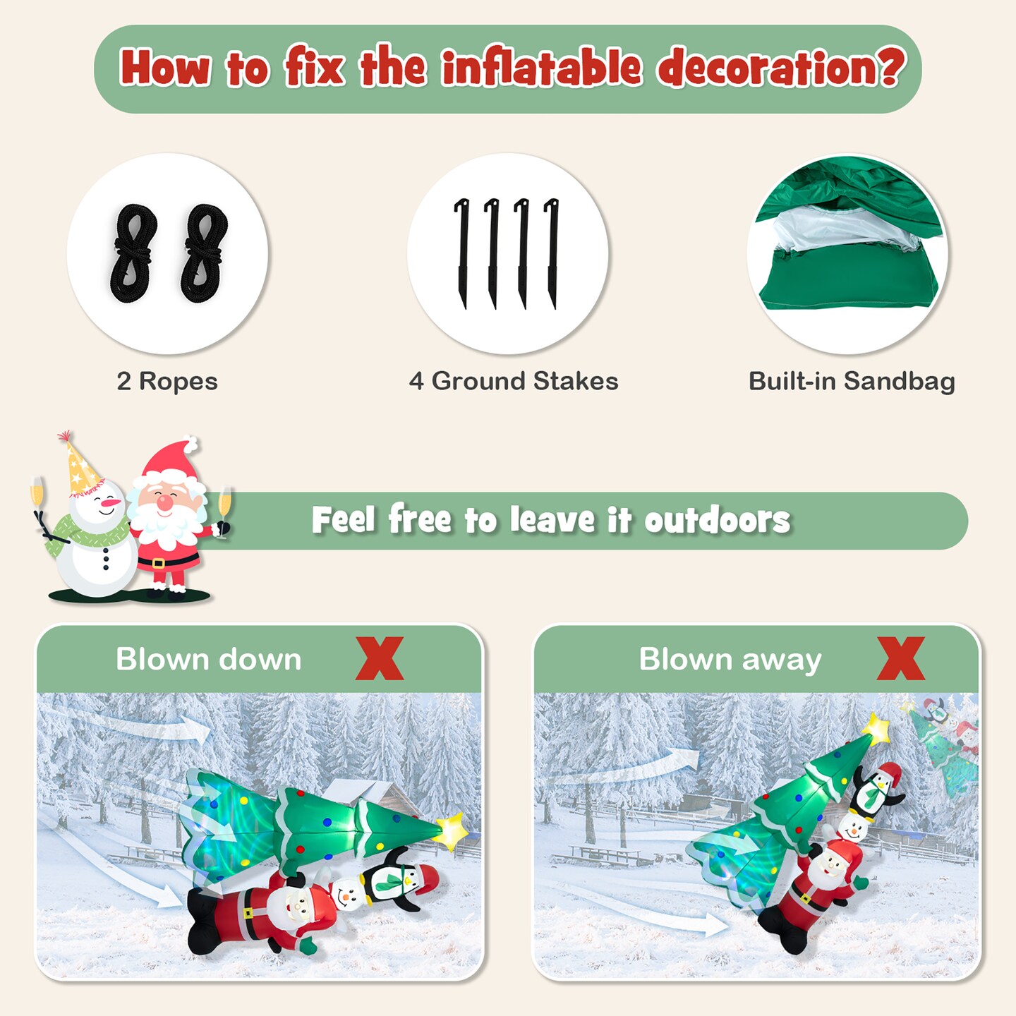 Costway 8.7FT Inflatable Christmas Tree with Santa Claus & Snowman & Penguin Blow-up Xmas Decoration w/Multicolor Disco Light