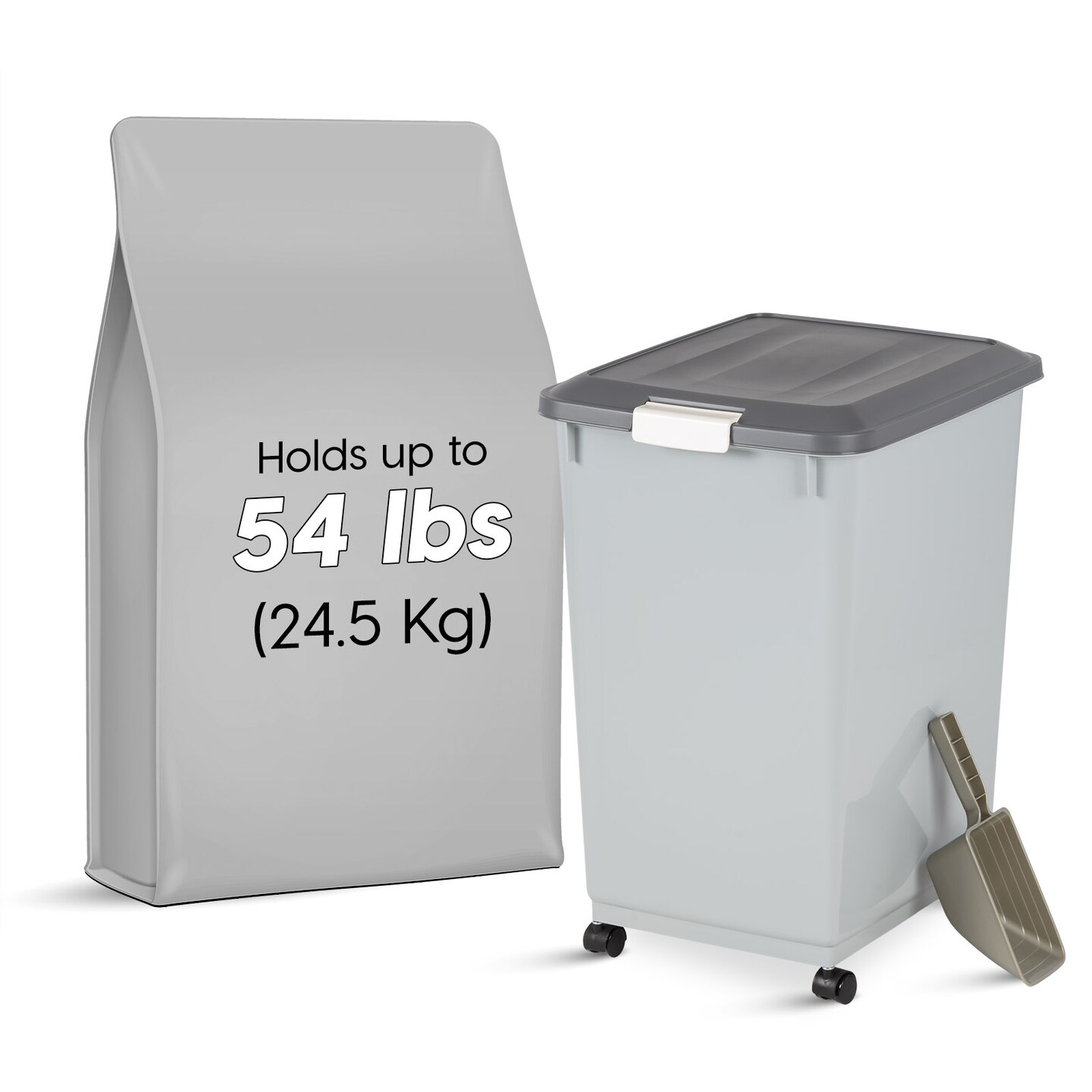 IRIS USA Dog Food Storage Container with Wheels, 2-Cup Scoop, Gray/Dark Gray