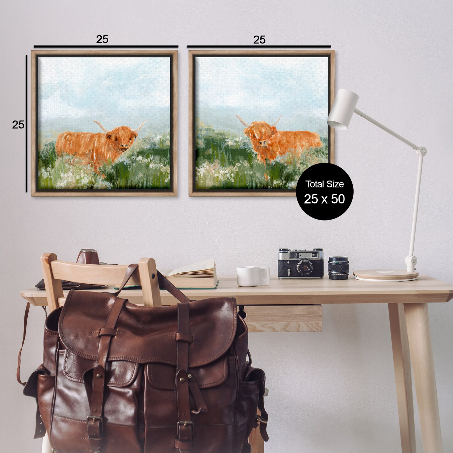 Stupell Industries Shaggy Highland Cow in Field 2 pc Framed Floater Canvas Wall Art Set Design by June Erica Vess