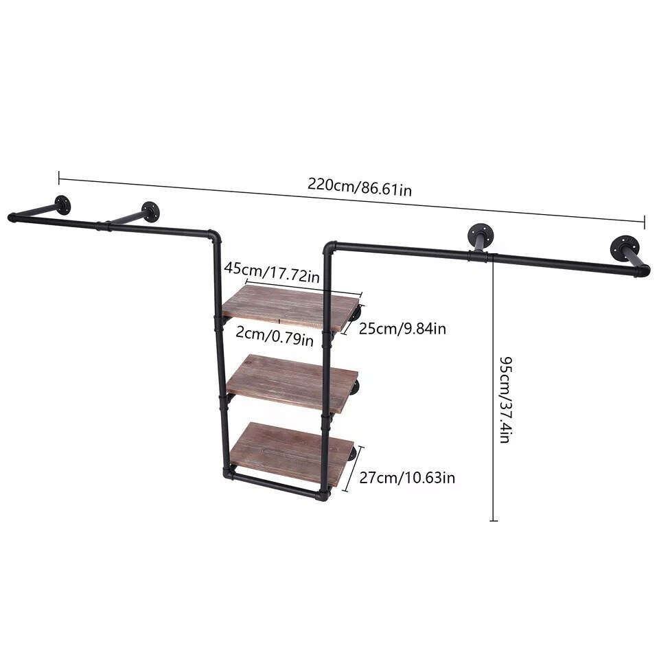 Industrial Pipe Clothing Rack Wall Mount Clothing Rack with Storage Shelves