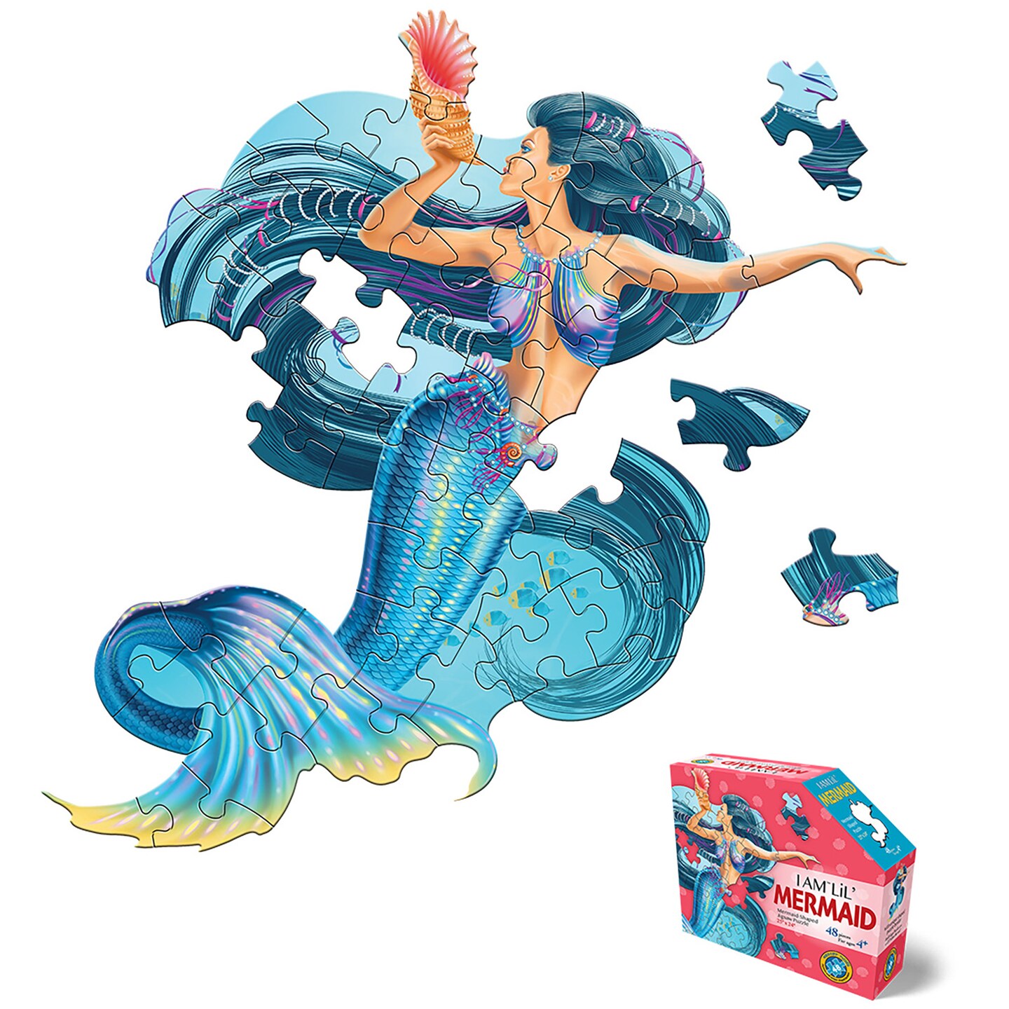 Madd Capp: I Am LiL' Mermaid - 48 Piece Puzzle - Kids Mythical Character Shaped Jigsaw, 25x24" Size, Poster Reference, Educational Fun Fact Booklet