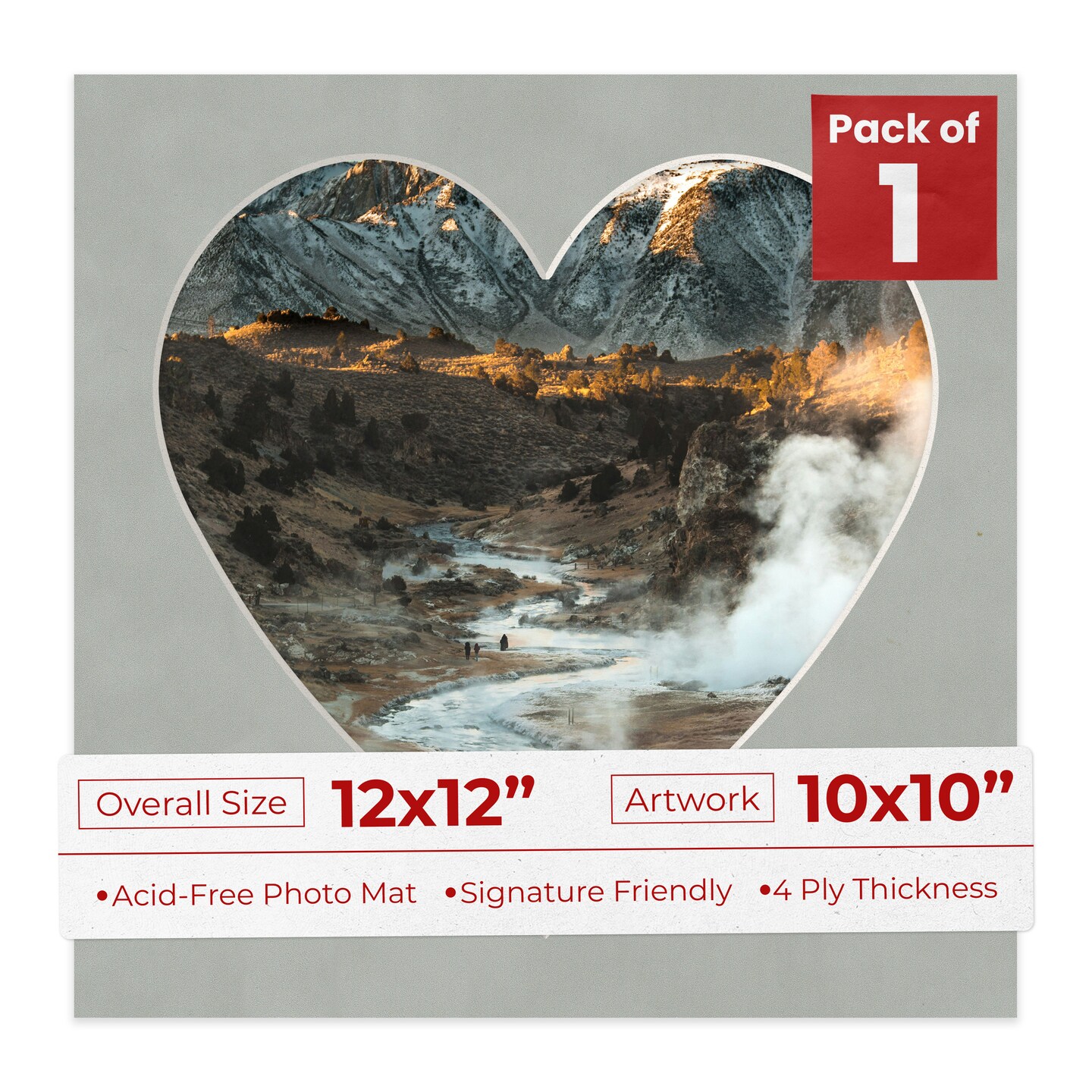 Light Grey Suede Mat Board for 12x12 Frames - Heart Opening for 10x10 Photos