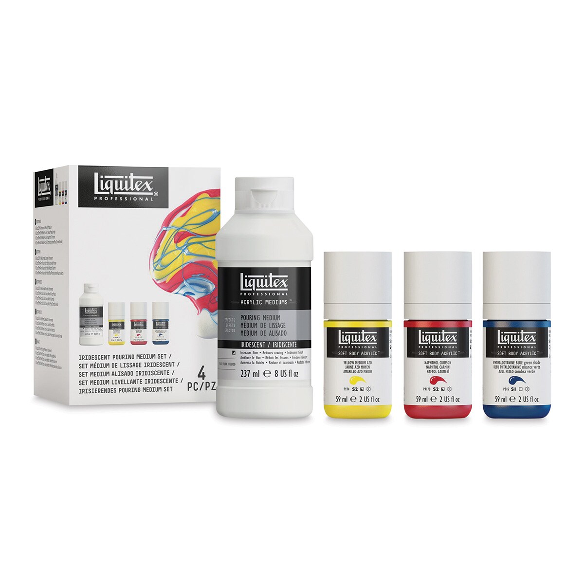 Liquitex Professional Soft Body Acrylics - Set of 3 with Iridescent Pouring Medium, Assorted Colors