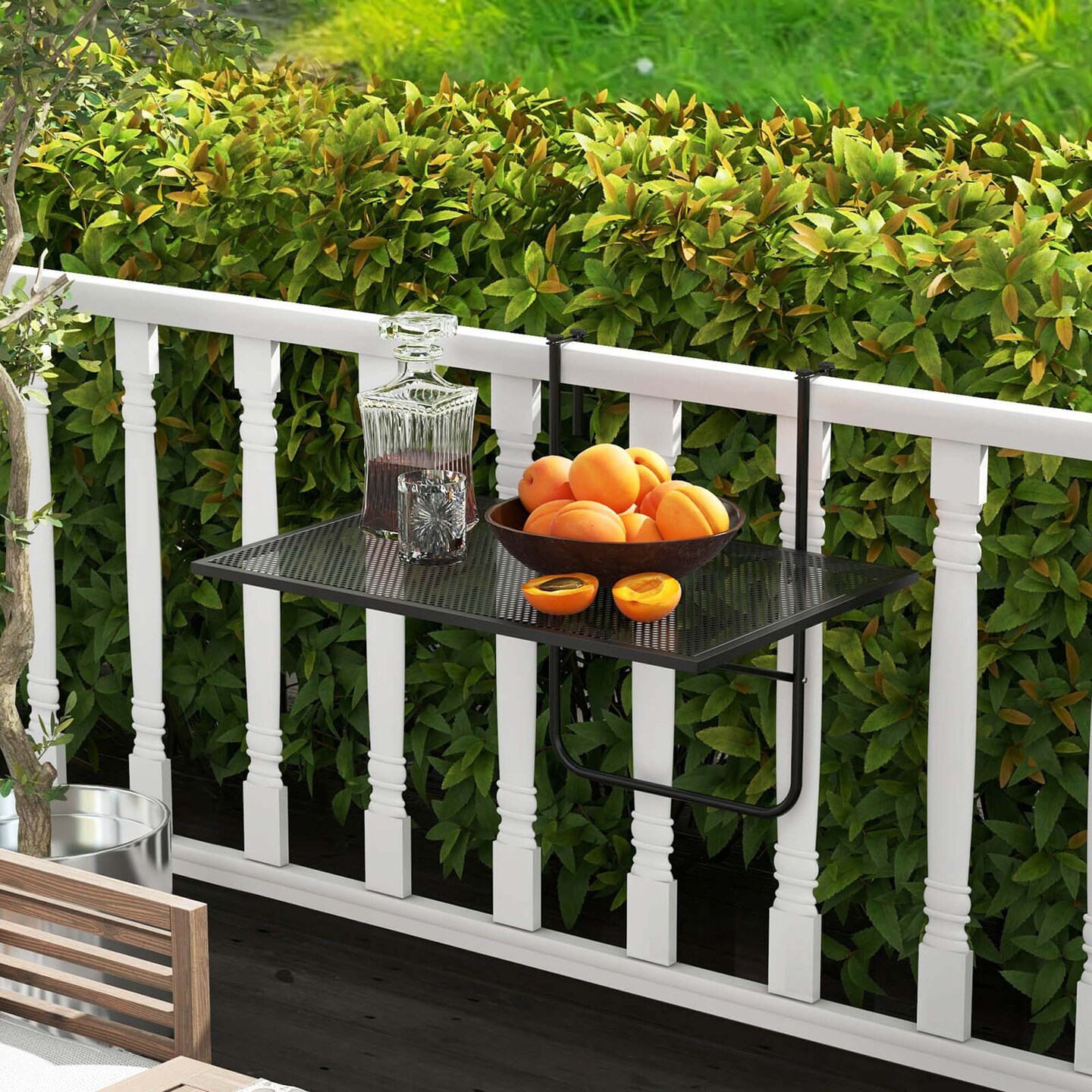 Balcony Railing Table with Adjustable Hooks Hanging Folding Deck Table Plant Stand