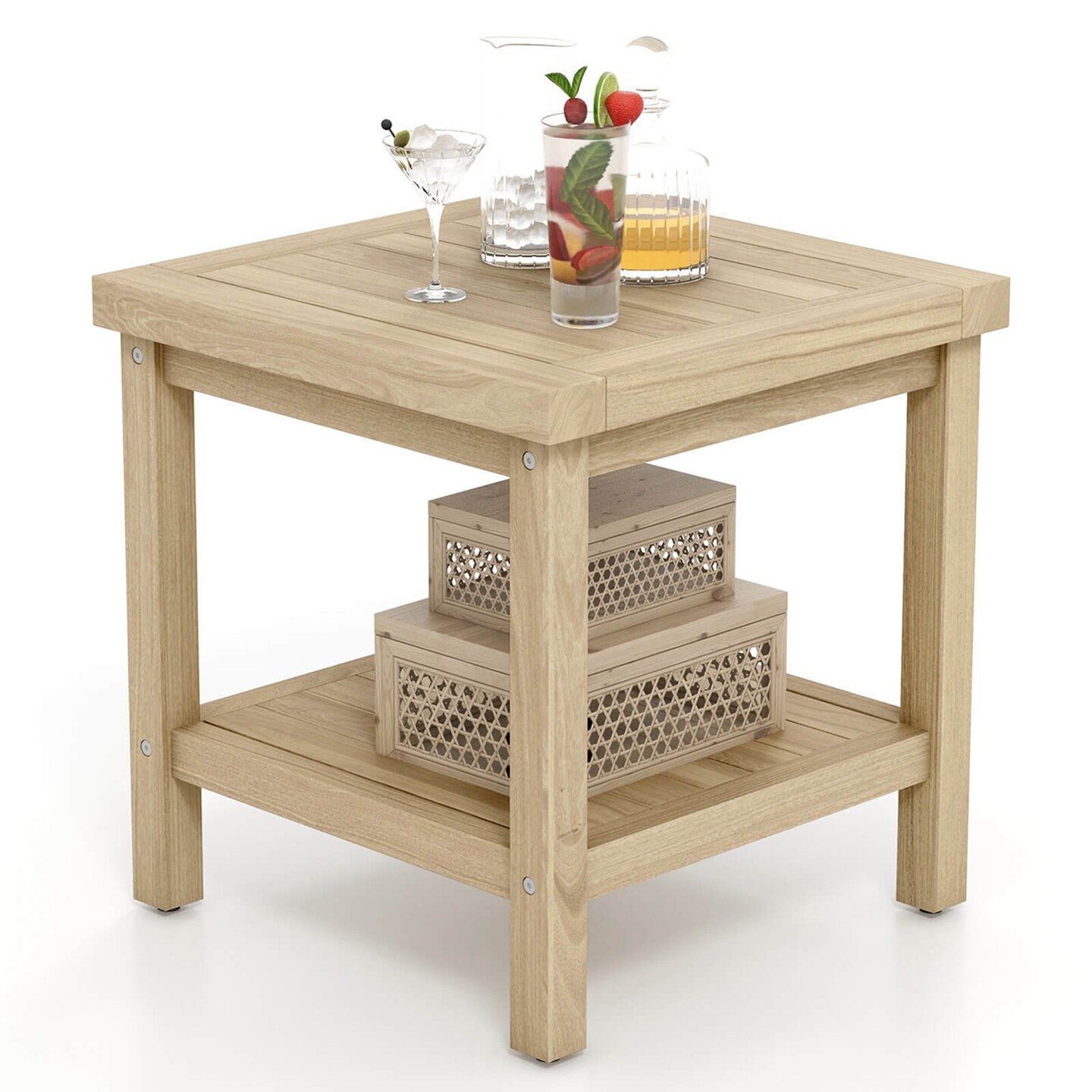 Costway 1/2 PCS 2-Tier Outdoor Side Table, Teak Wood End Table with Storage Shelf Natural