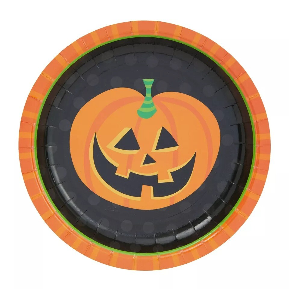 144 Piece Halloween Party Plates with Pumpkin Napkins, Cups, Cutlery, Serves 24