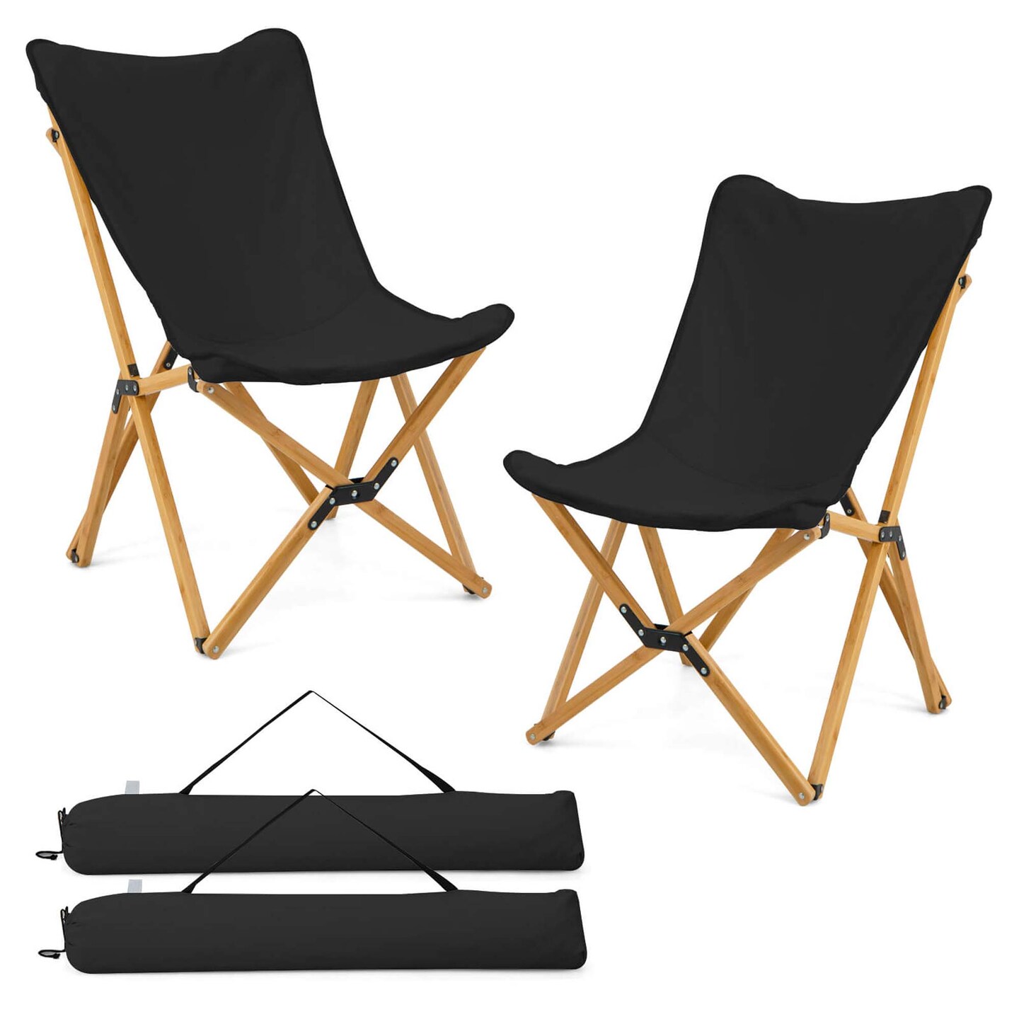 Costway Bamboo Butterfly Folding Chair Set of 2 with Storage Pocket 330 LBS Capacity Black/Beige