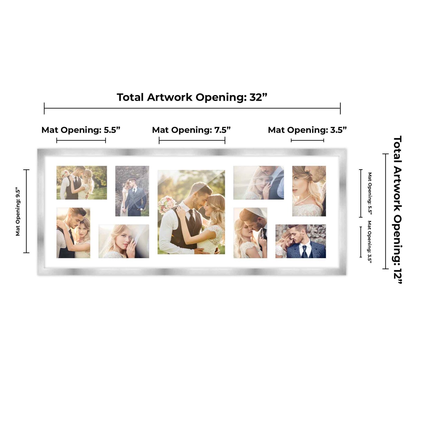 Stainless Steel Silver Wood Finish Collage Frame - White Mat, 20 Frame Sizes to Choose From, UV Acrylic, Wall Hanging Hardware, Vertical or Horizontal Display